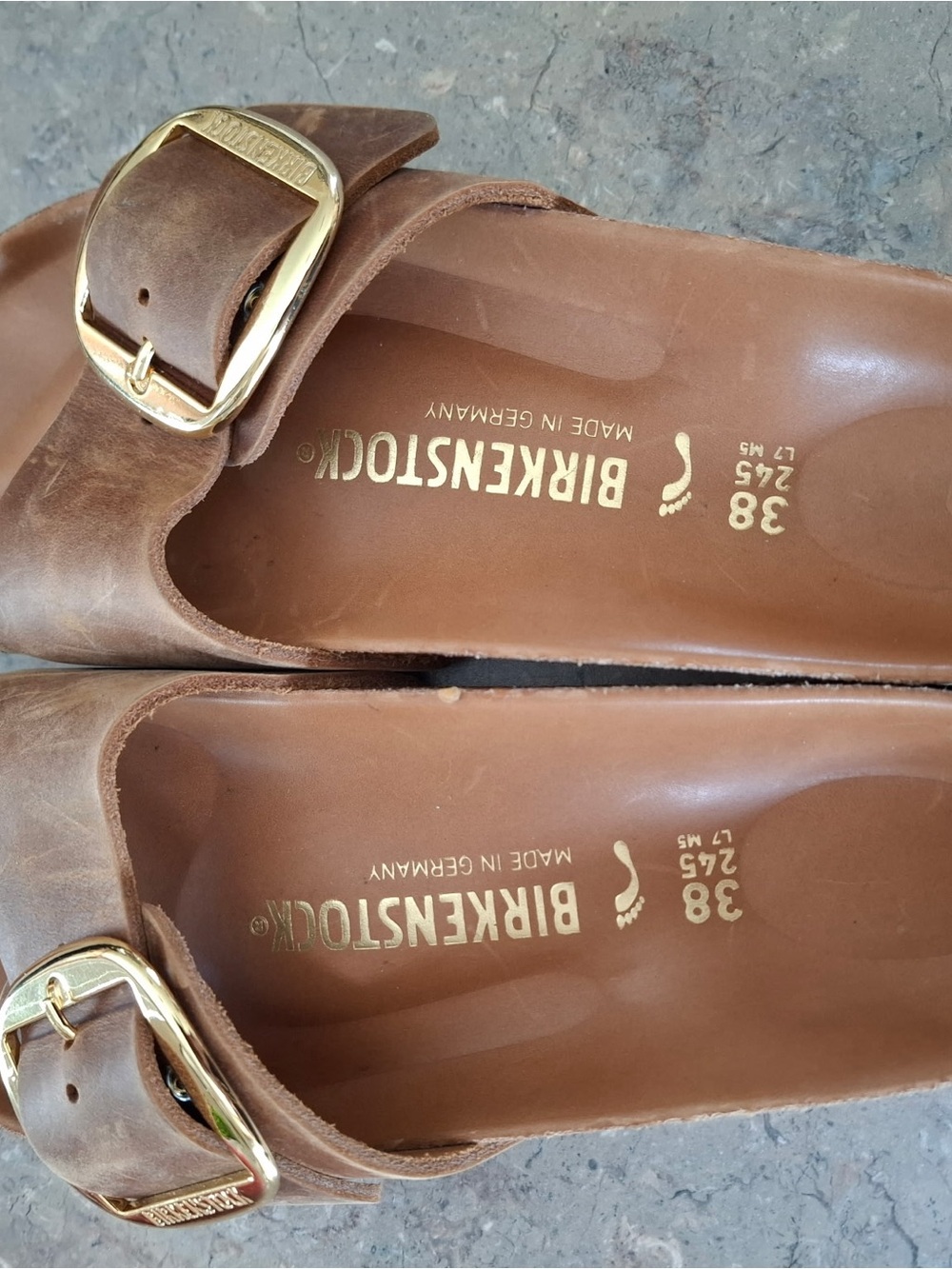 Birkenstock Women's Brown Leather Slide Mules with Gold Buckles